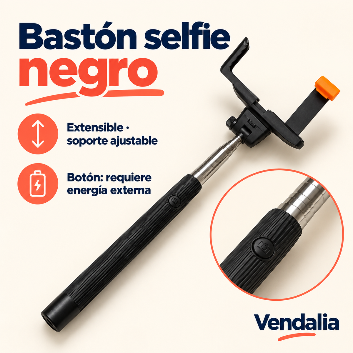 Bastón selfie negro · presentación Vendalia · SKU 30439