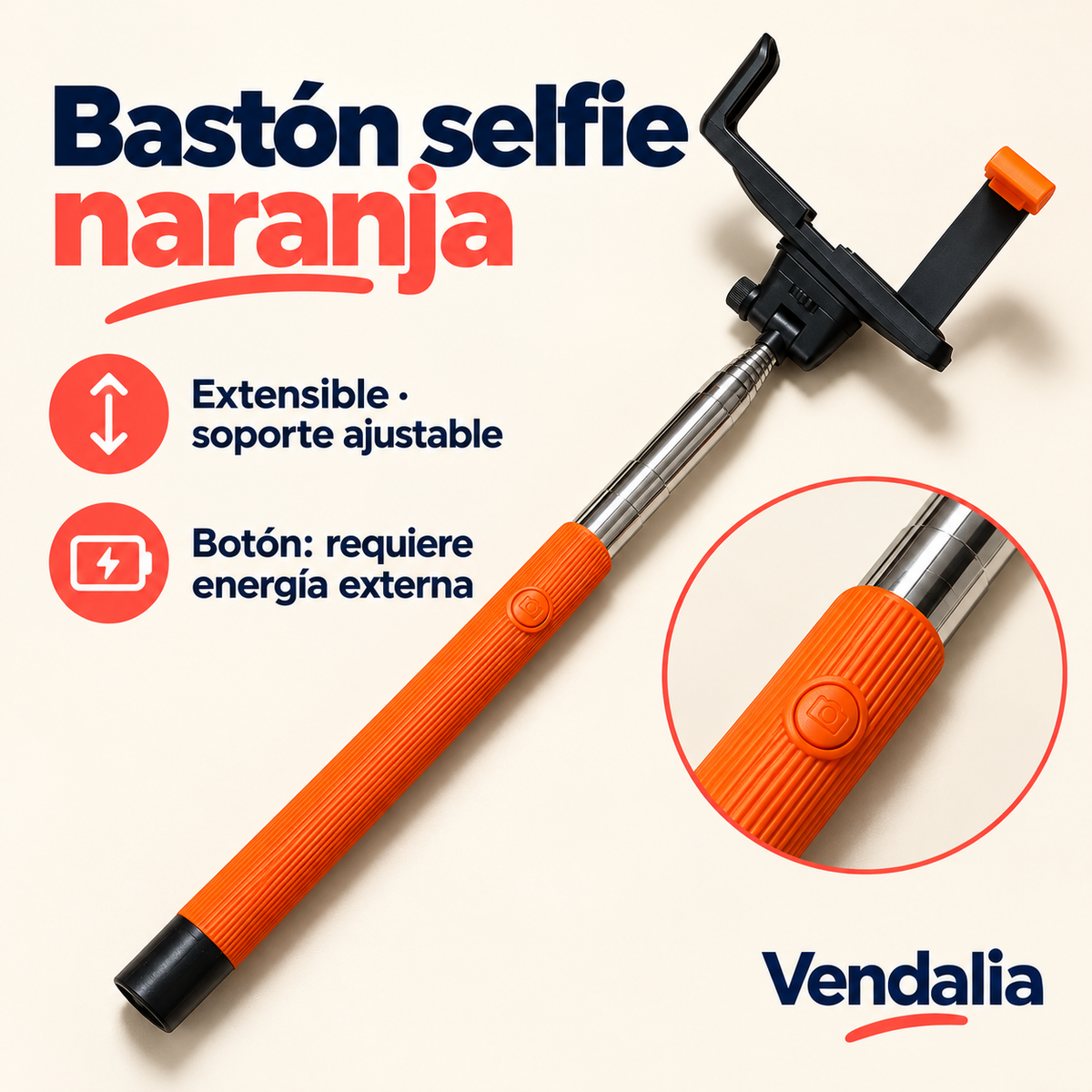 Bastón selfie naranja · presentación Vendalia · SKU 30440