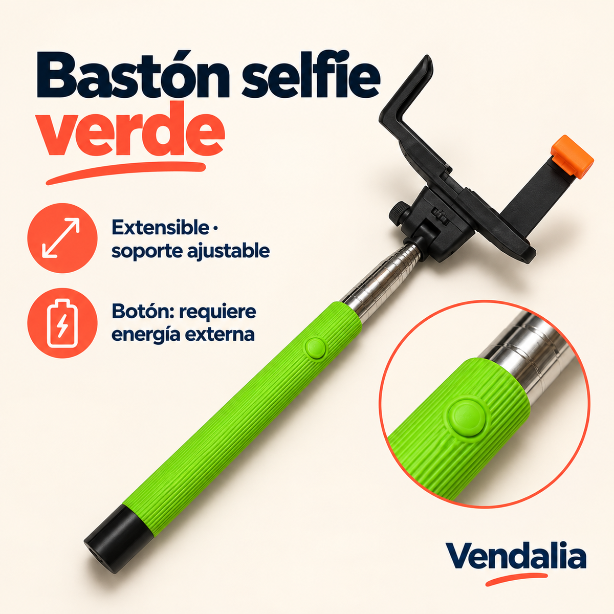 Bastón selfie verde · presentación Vendalia · SKU 30441
