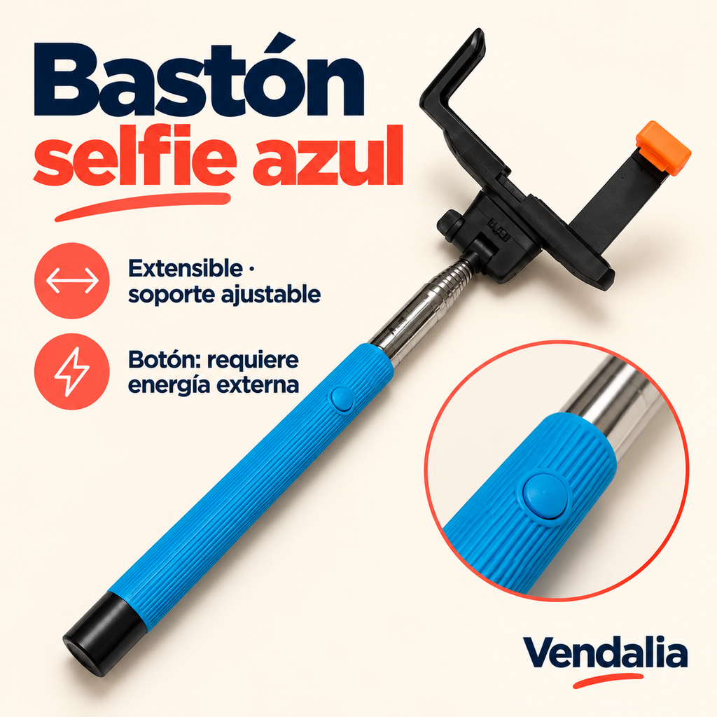 Bastón selfie azul · presentación Vendalia · SKU 30442