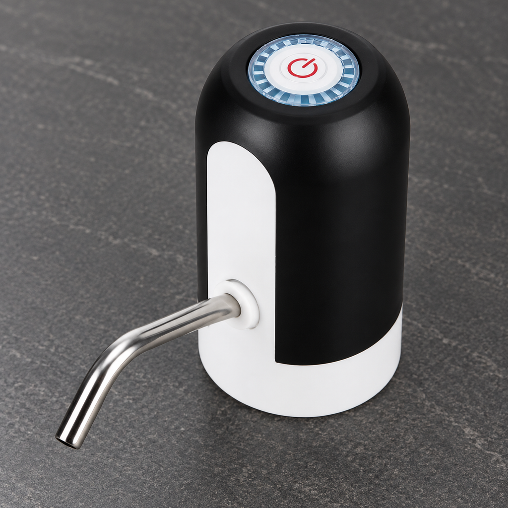 Dispensador eléctrico de agua negro con blanco — vista de detalle o uso