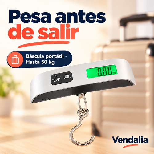 Báscula portátil plateada con pantalla verde y gancho metálico.