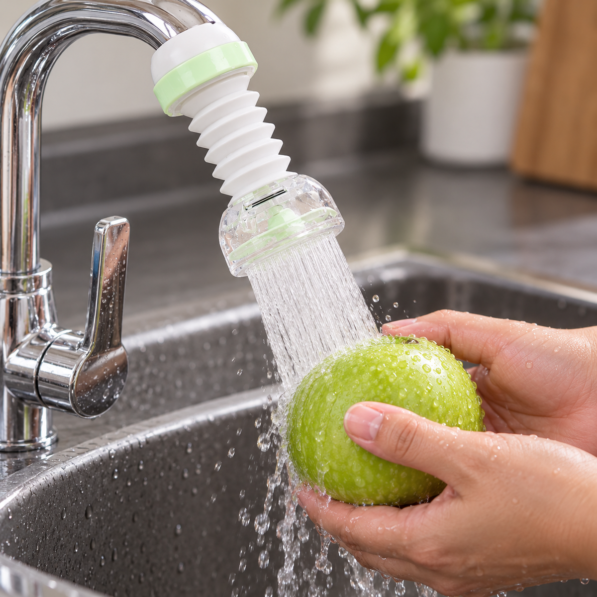 Adaptador flexible blanco y verde menta en uso al enjuagar una manzana; grifo y fruta no incluidos.