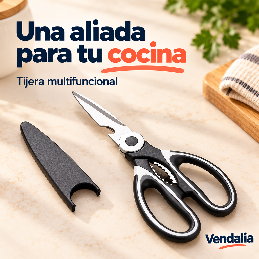Tijera de cocina negra y blanca con hojas de acero y su cubierta mostrada; portada Vendalia.