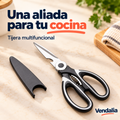 Tijera de cocina negra y blanca con hojas de acero y su cubierta mostrada; portada Vendalia.