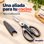Tijera de cocina negra y blanca con hojas de acero y su cubierta mostrada; portada Vendalia.