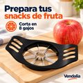 Cortador negro para manzanas en ocho gajos; portada Vendalia. Fruta y tabla no incluidas.
