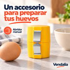 Abridor de huevos amarillo con cuchillas metálicas; portada Vendalia. Huevos y recipiente no incluidos.
