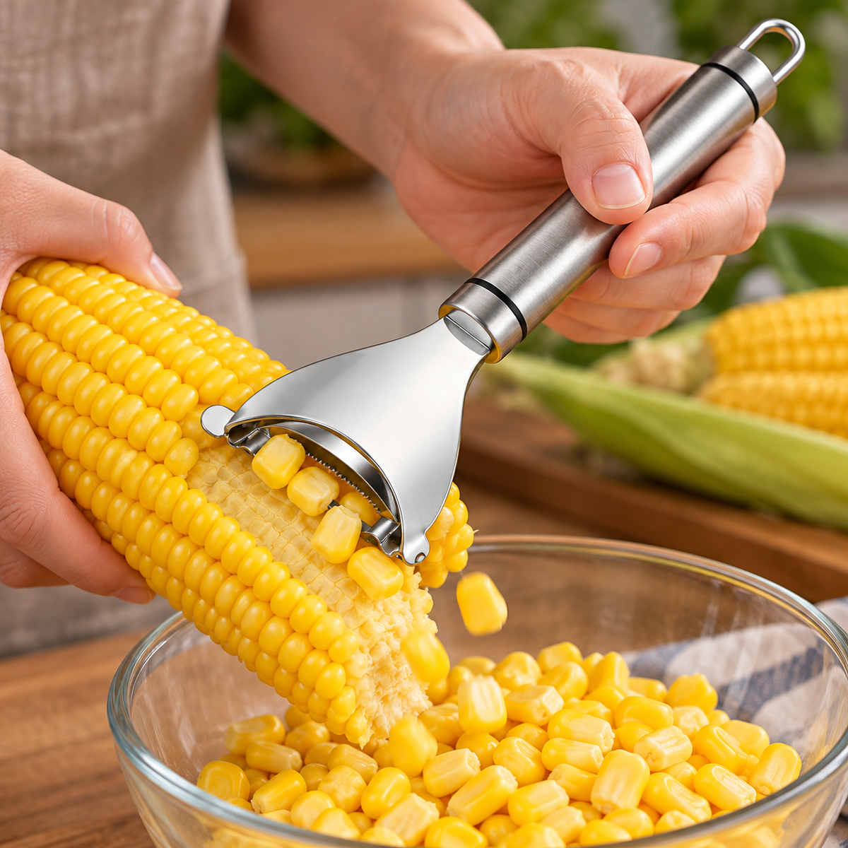 Vista en uso: desgranador de elote plateado con mango cilíndrico de acero cepillado, aros finos negros, aro metálico para colgar, cabeza ancha triangular curva y cuchilla dentada transversal. Alimentos y ambientación no incluidos.