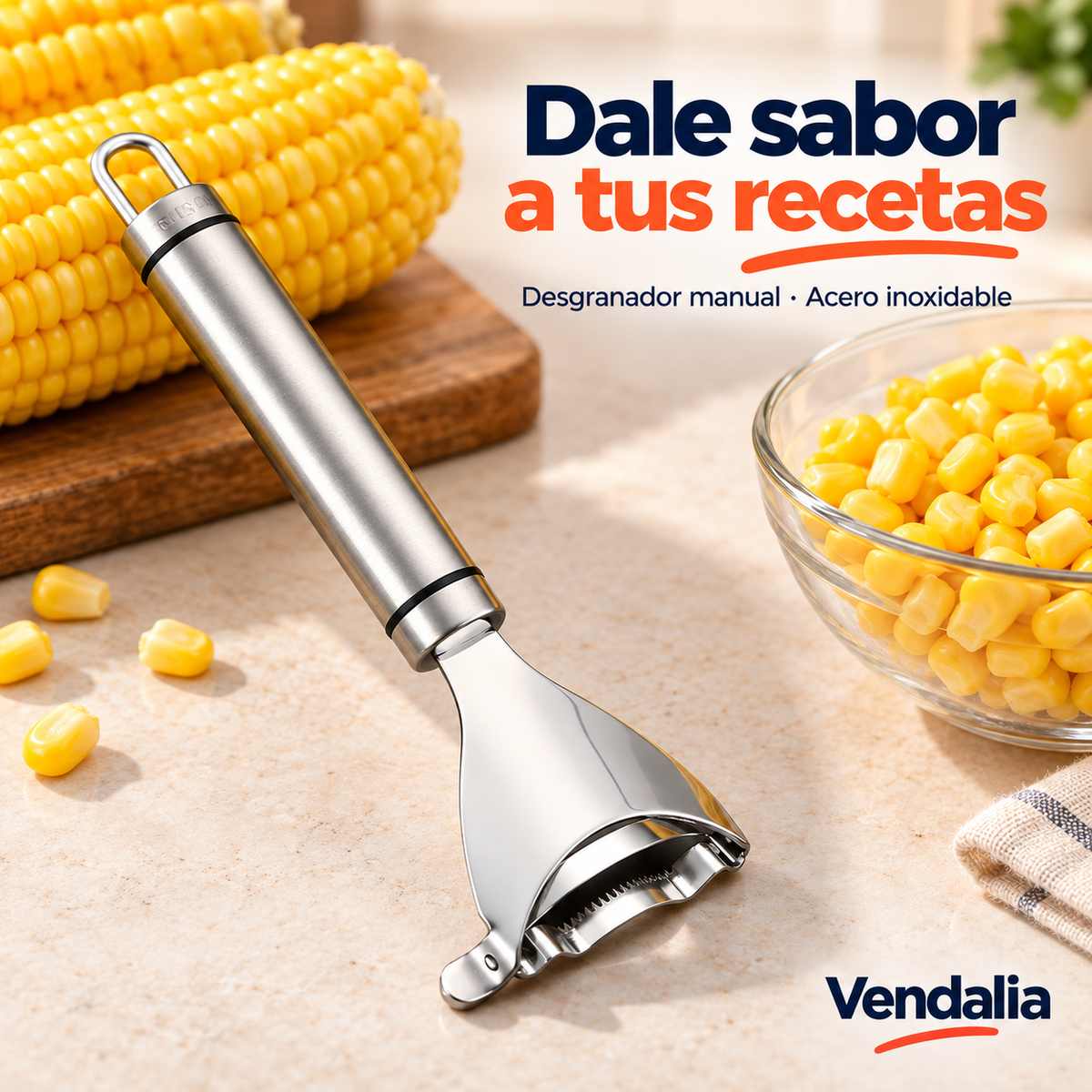 Portada Vendalia: desgranador de elote plateado con mango cilíndrico de acero cepillado, aros finos negros, aro metálico para colgar, cabeza ancha triangular curva y cuchilla dentada transversal. Alimentos y ambientación no incluidos.