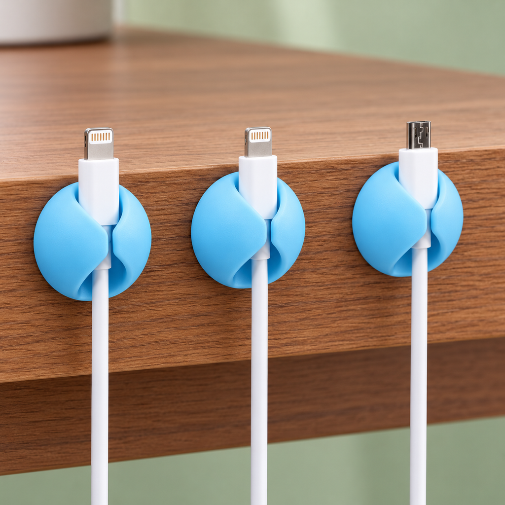 Detalle de tres organizadores sujetando cables en el borde de una mesa.