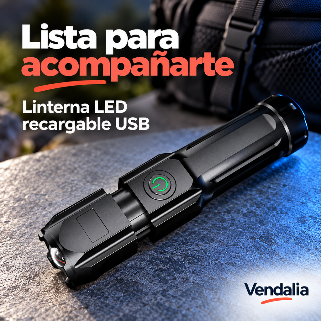 Linterna táctica negra recargable — portada Vendalia