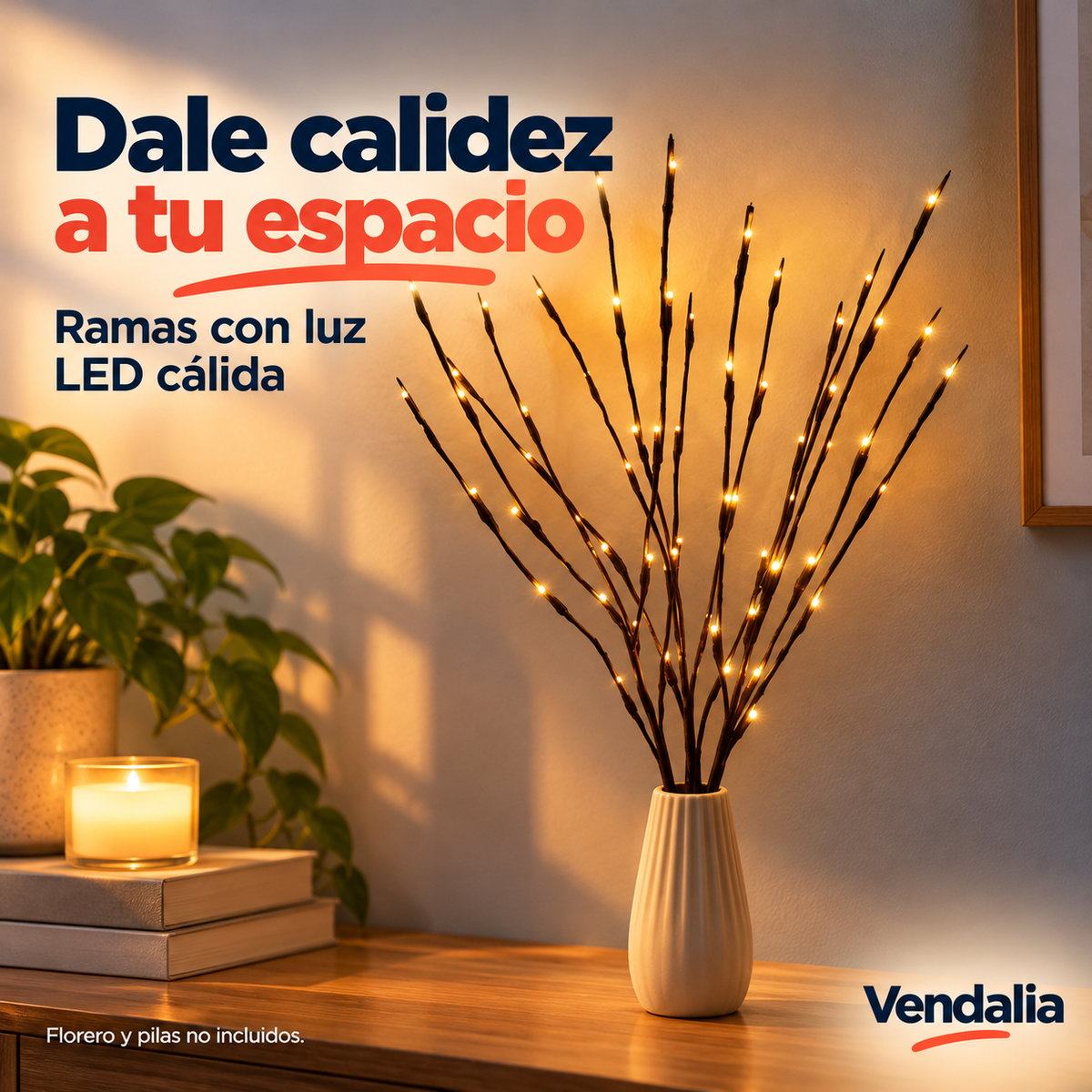 Ramas decorativas café con LED cálidos; florero y pilas no incluidos — Vendalia