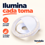 Aro de luz LED portátil blanco con tres niveles de brillo.