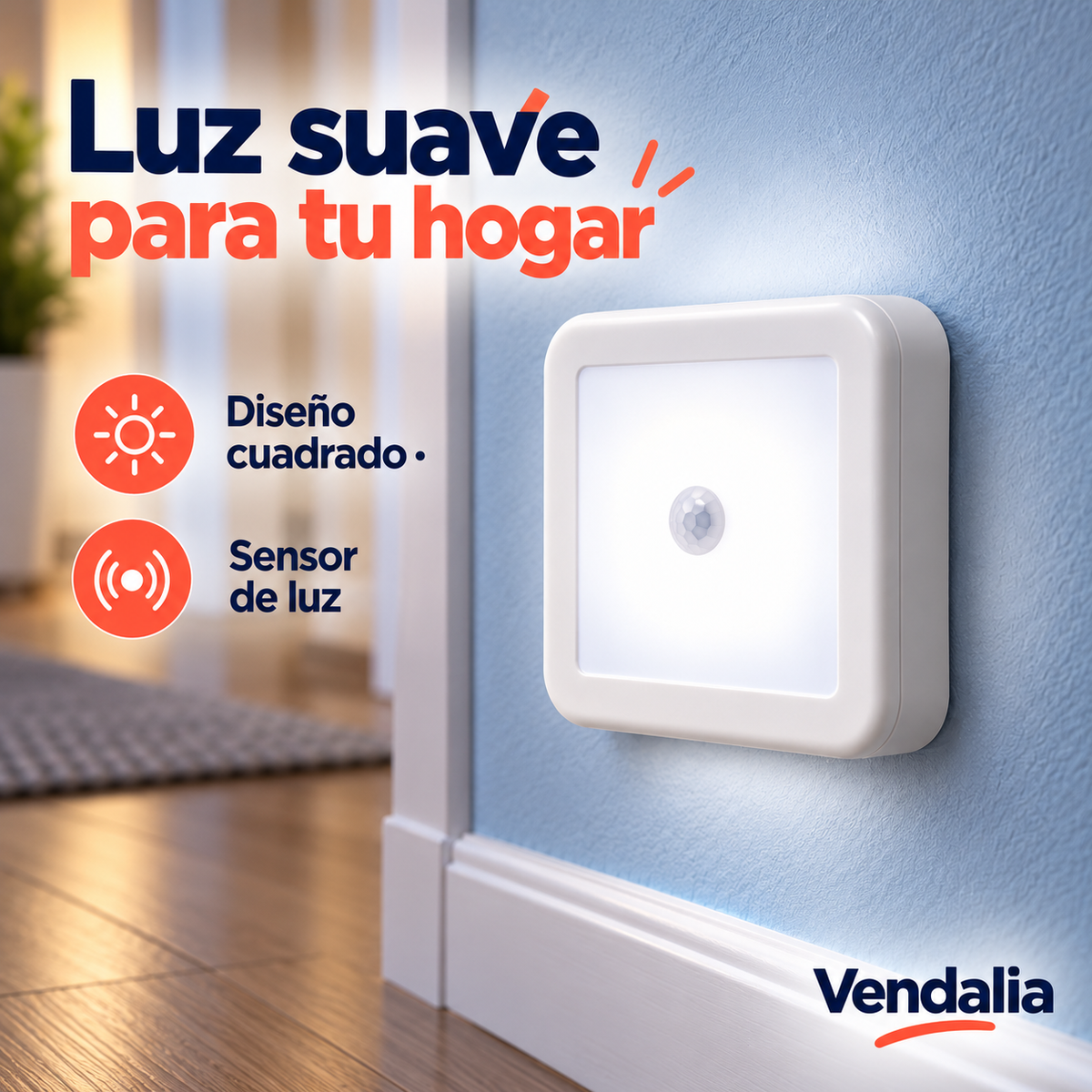 Luz nocturna cuadrada blanca con sensor — Vendalia