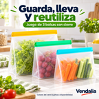 Juego de tres bolsas reutilizables con cierres surtidos. Portada Vendalia.