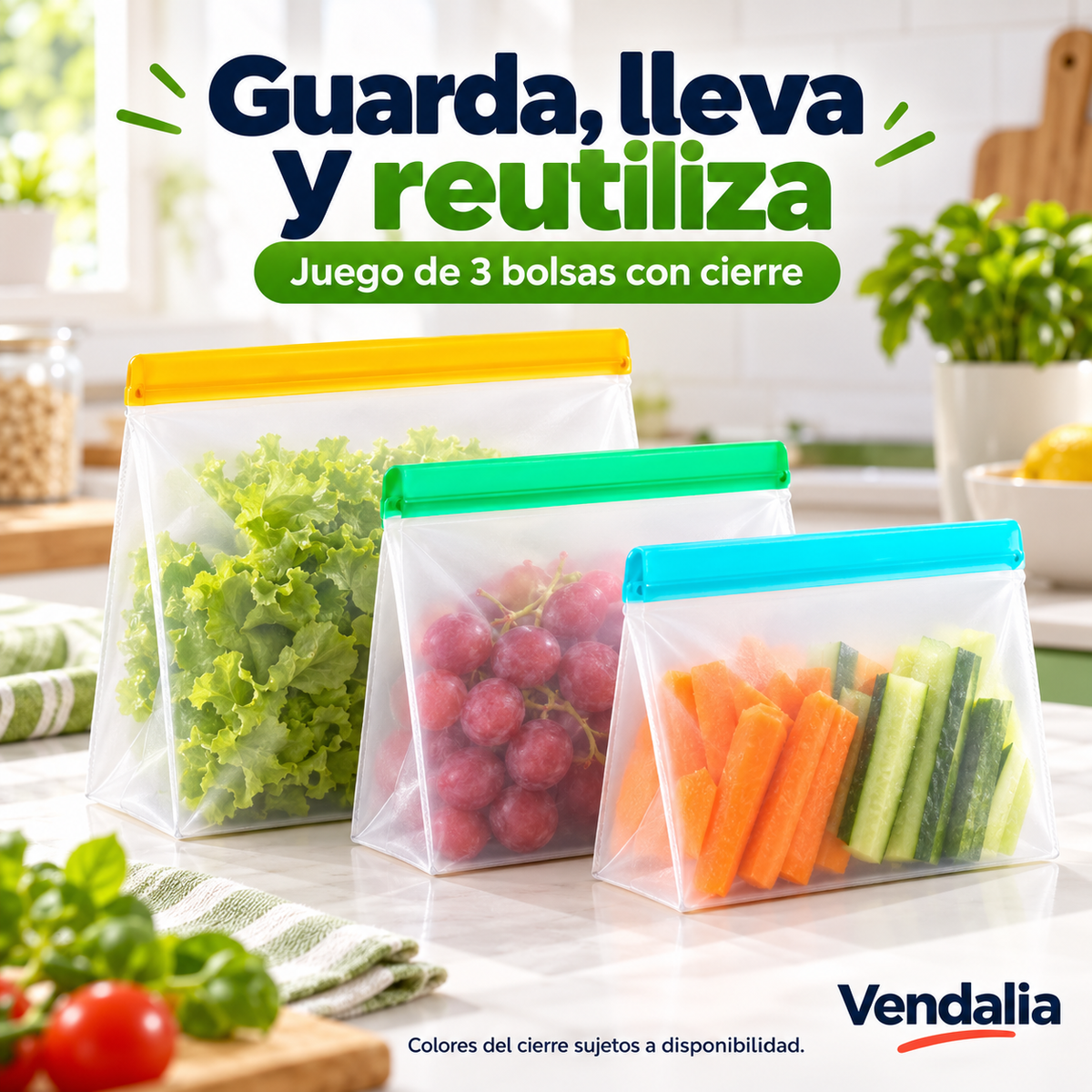 Juego de tres bolsas reutilizables con cierres surtidos. Portada Vendalia.