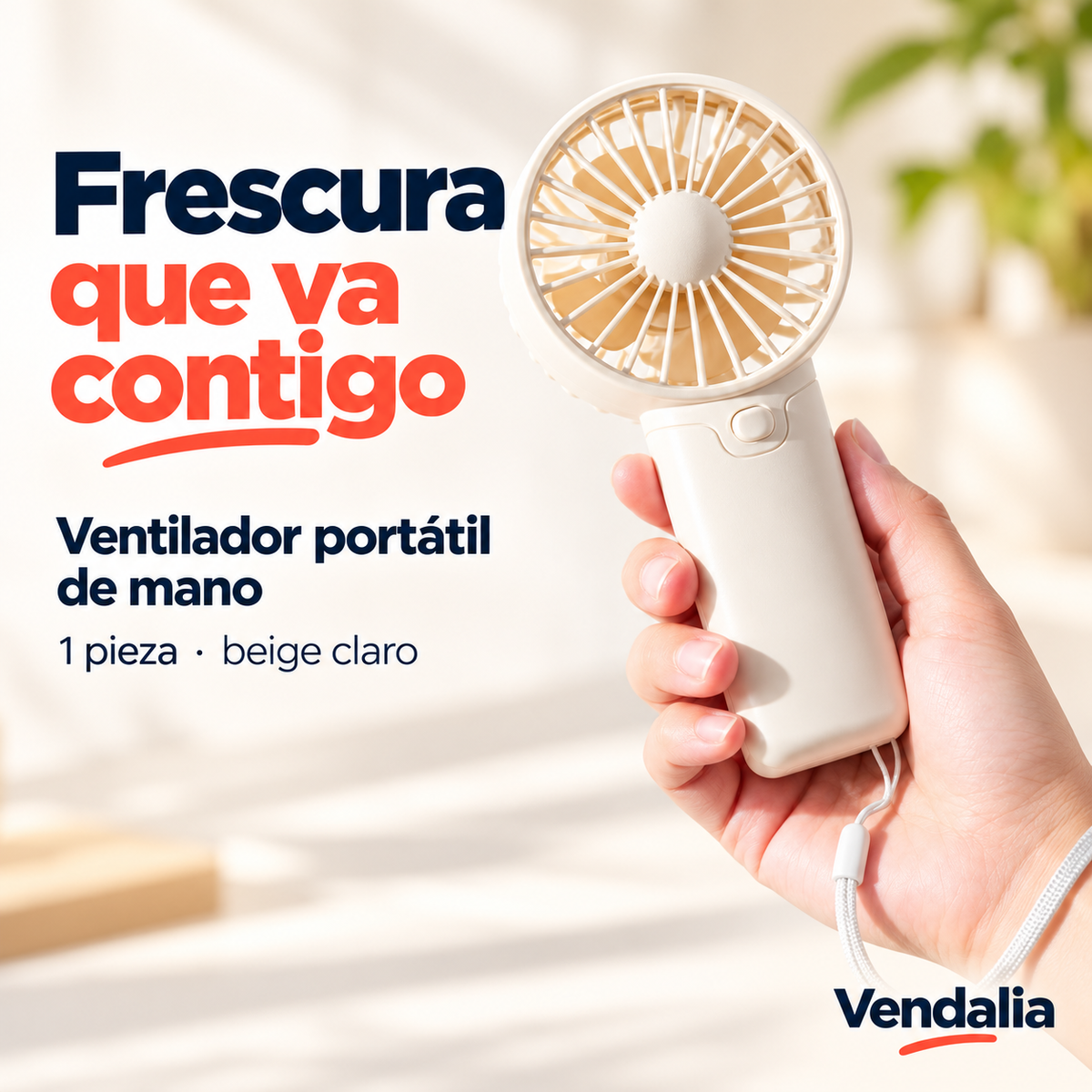 Ventilador portátil beige claro con correa, portada — Vendalia