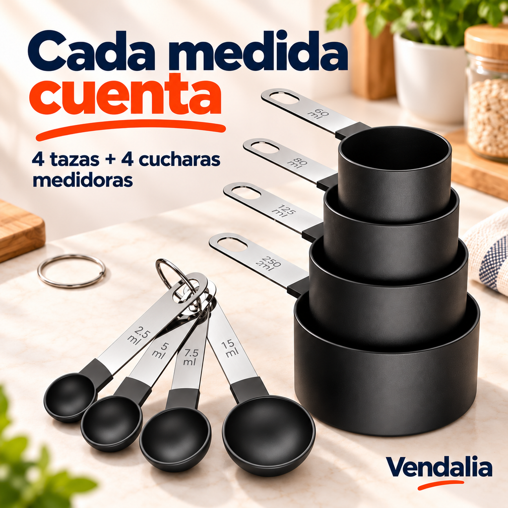 Portada Vendalia: set negro de cuatro tazas medidoras de plástico cilíndricas con mangos planos plateados de acero y cuatro cucharas medidoras negras redondas con mangos planos plateados, dos anillos metálicos de unión. Ambientación no incluida.