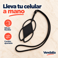 Porta celular negro de silicón con cordón ajustable, sin teléfono.