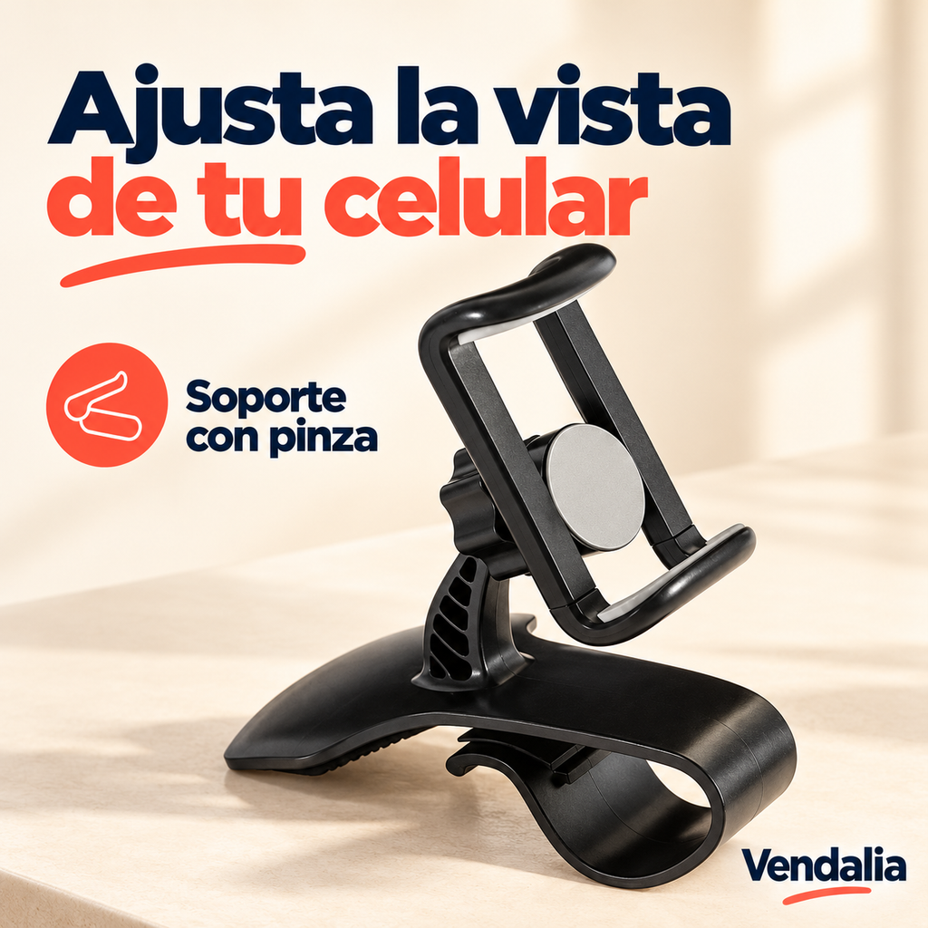 Soporte negro de celular con pinza curvada y sujeción ajustable.