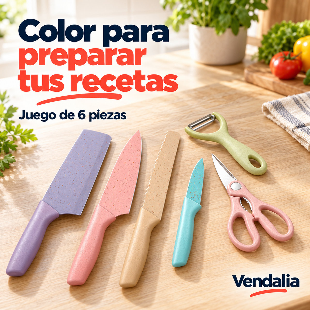 Juego de cuatro cuchillos, pelador y tijeras · portada Vendalia