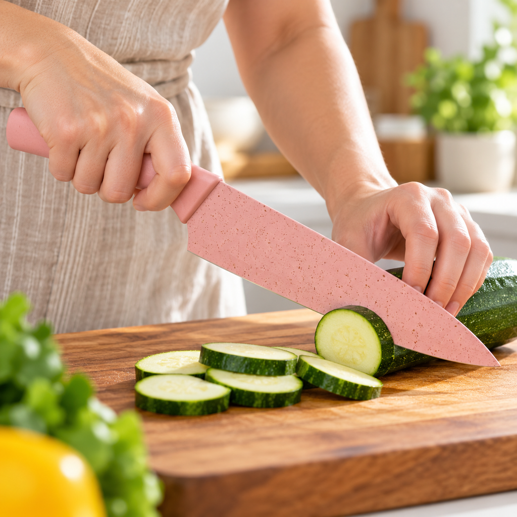 Cuchillo rosa del juego en uso; alimentos y tabla no incluidos