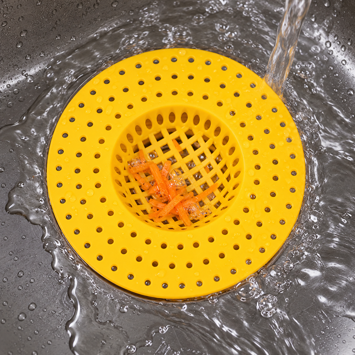 Detalle del colador amarillo colocado en el desagüe, con su rejilla y perforaciones visibles.