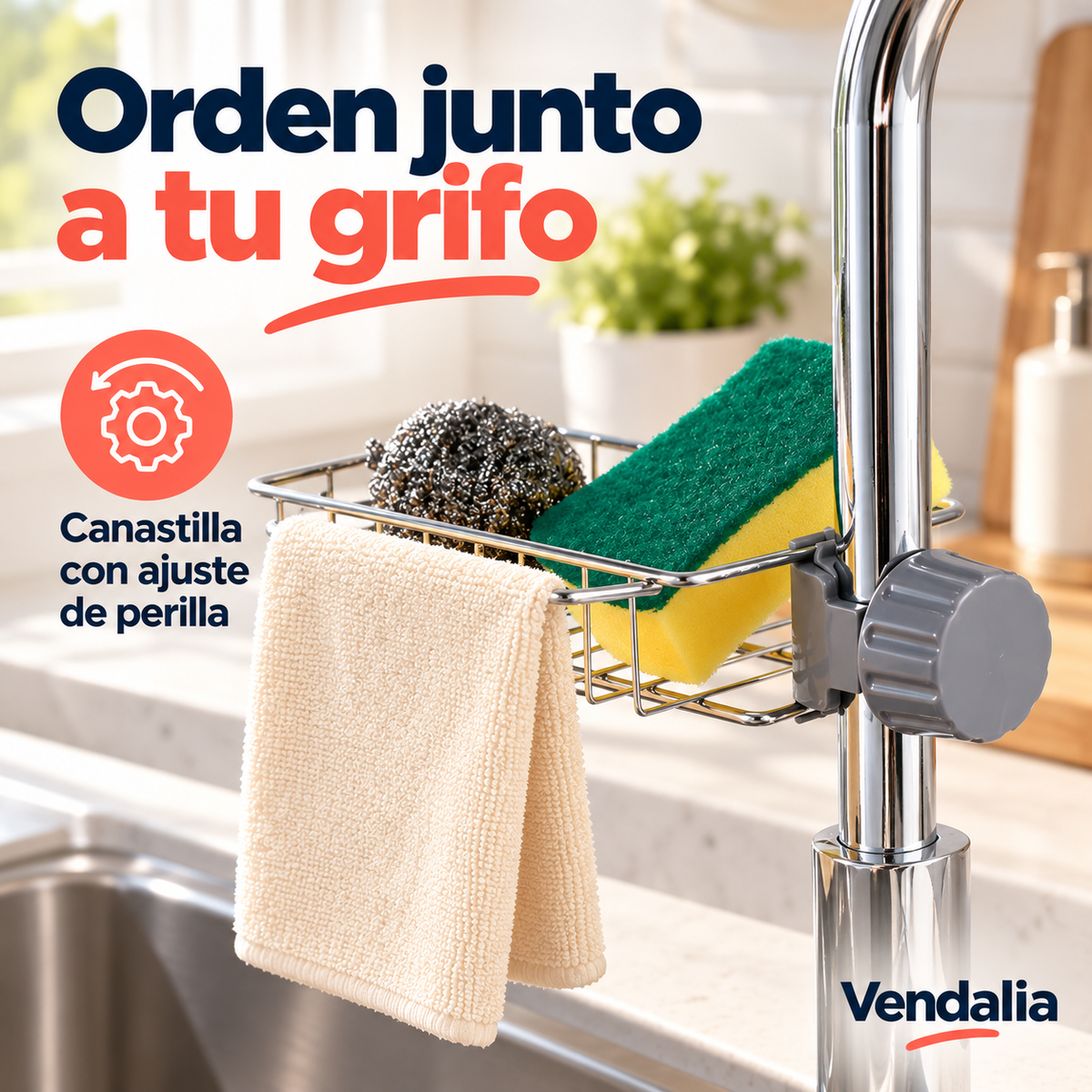 Organizador metálico para fregadero con perilla gris; portada Vendalia. Esponja, paño y grifo no incluidos.