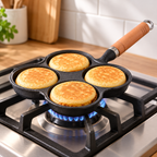 Vista en uso: sartén negro cuádruple con cuatro cavidades circulares en arreglo2x2, contorno de trébol, mango cilíndrico tipo madera naranja con ranuras finas, cuello negro, unión plateada y aro metálico para colgar. Alimentos y ambientación no incluidos.
