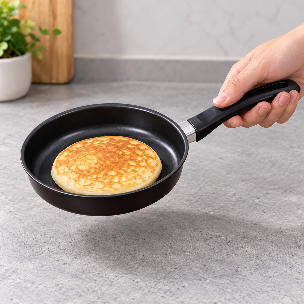 Vista cercana de la sartén negra de 16 cm sostenida por su mango, con un hot cake como ejemplo de uso.