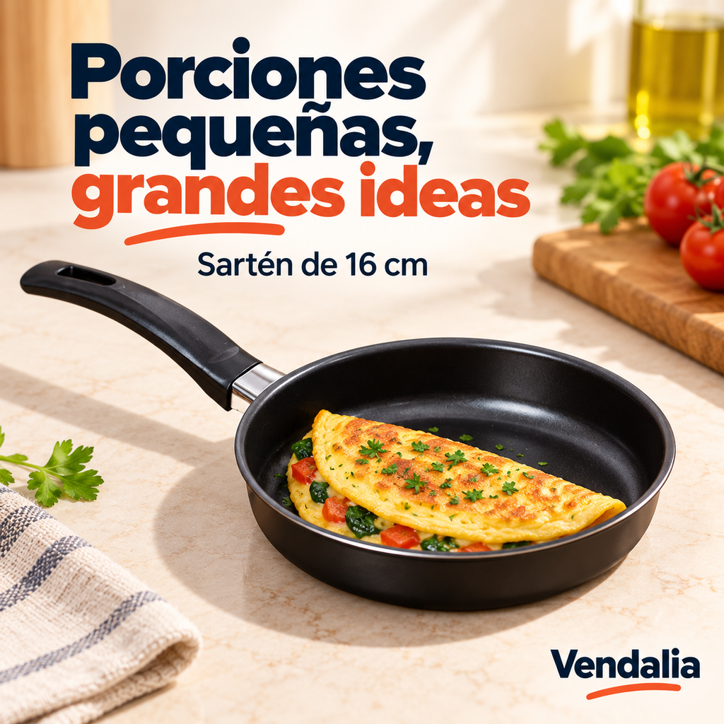 Sartén negro de 16 cm con porción individual; portada Vendalia. Los alimentos ilustran el uso y no se incluyen.
