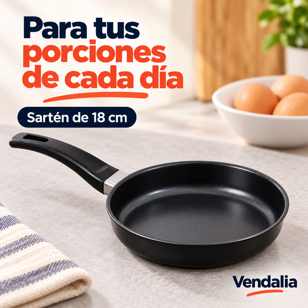 Sartén antiadherente negro de 18 cm con mango negro; portada Vendalia.
