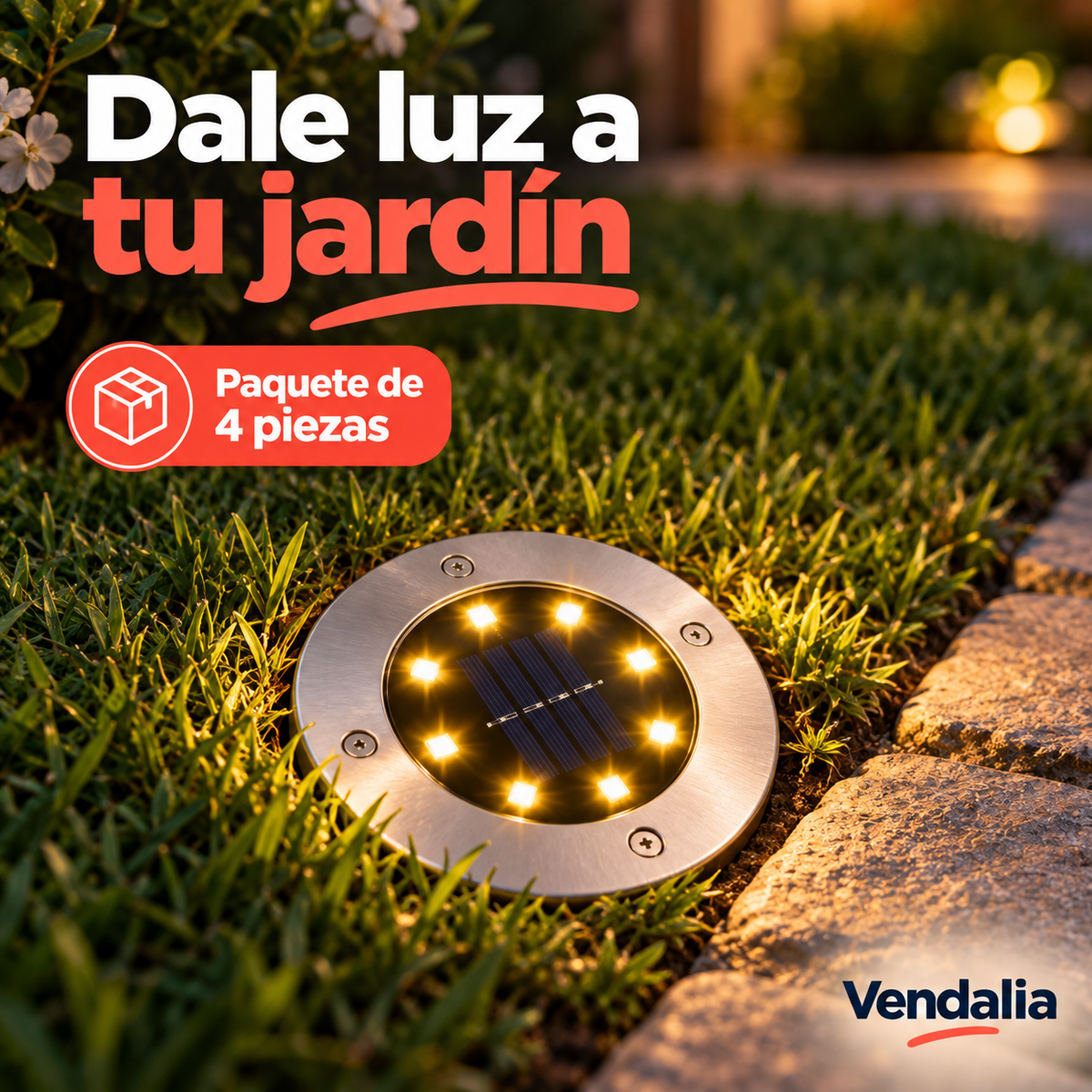 Lámparas solares de suelo — paquete de 4 — portada Vendalia