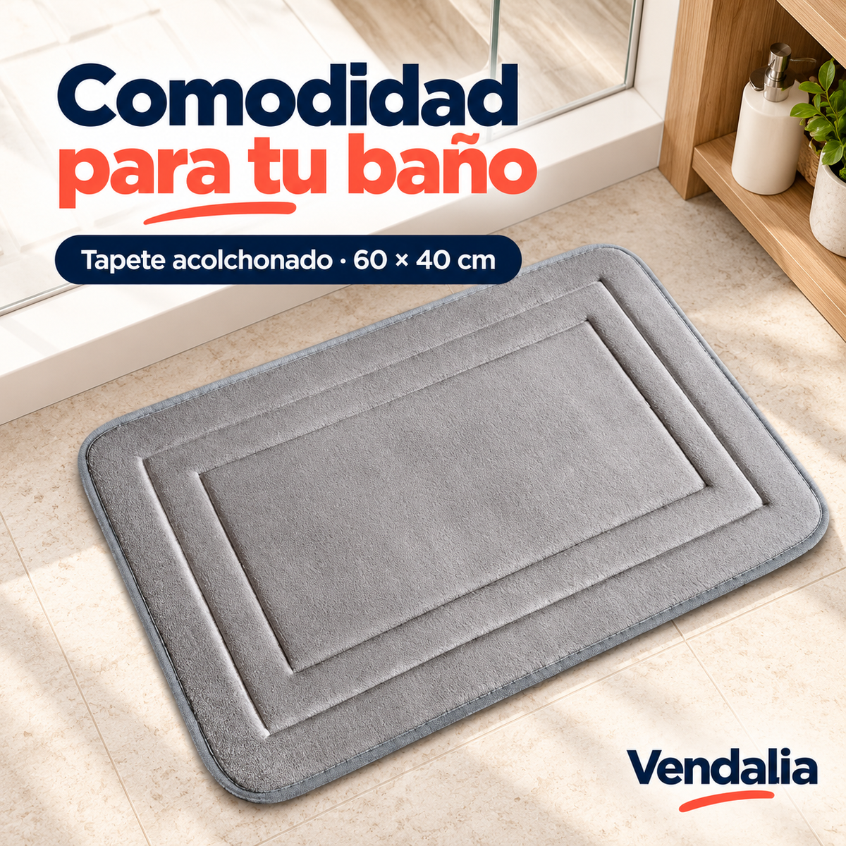 Tapete de baño gris acolchonado 60 por 40 cm — portada Vendalia