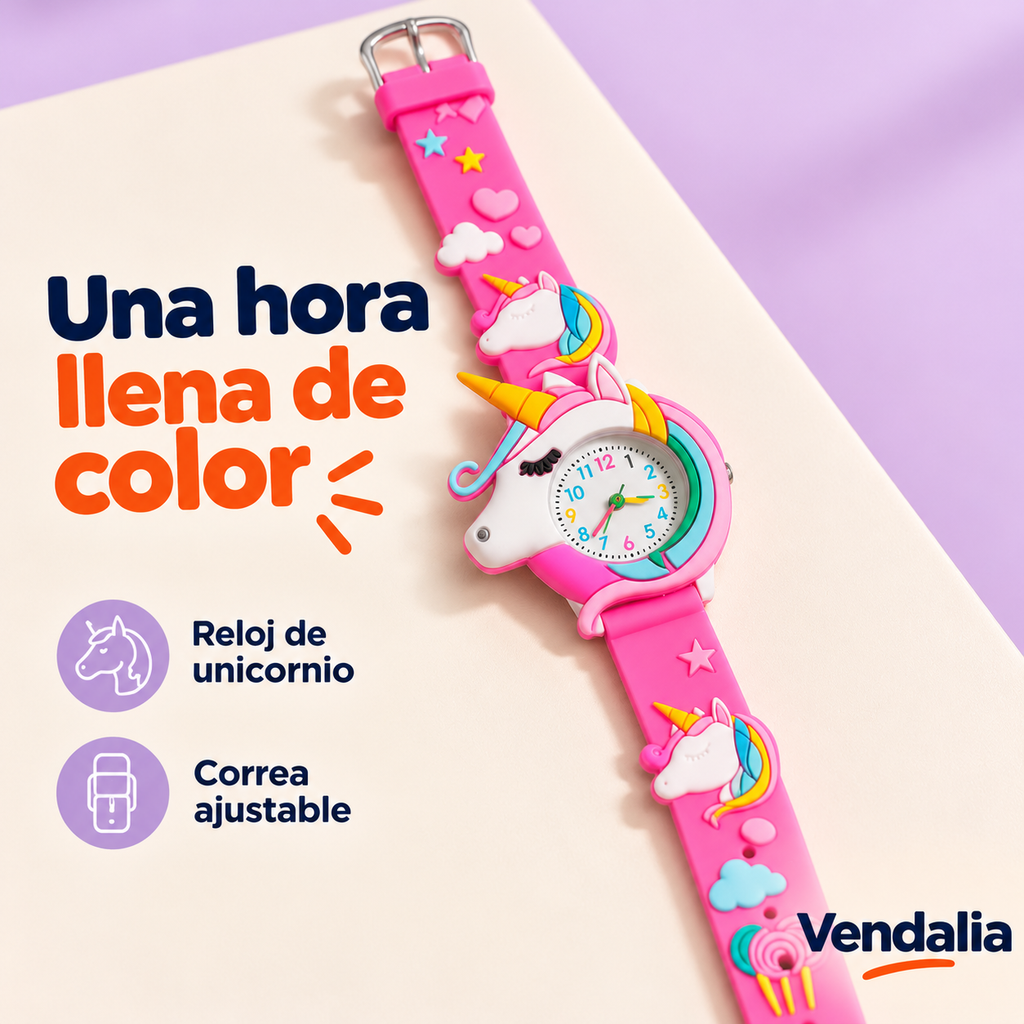 Reloj infantil de unicornio con correa rosa ajustable y figuras en relieve.