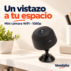 Mini cámara negra WiFi sobre base articulada.