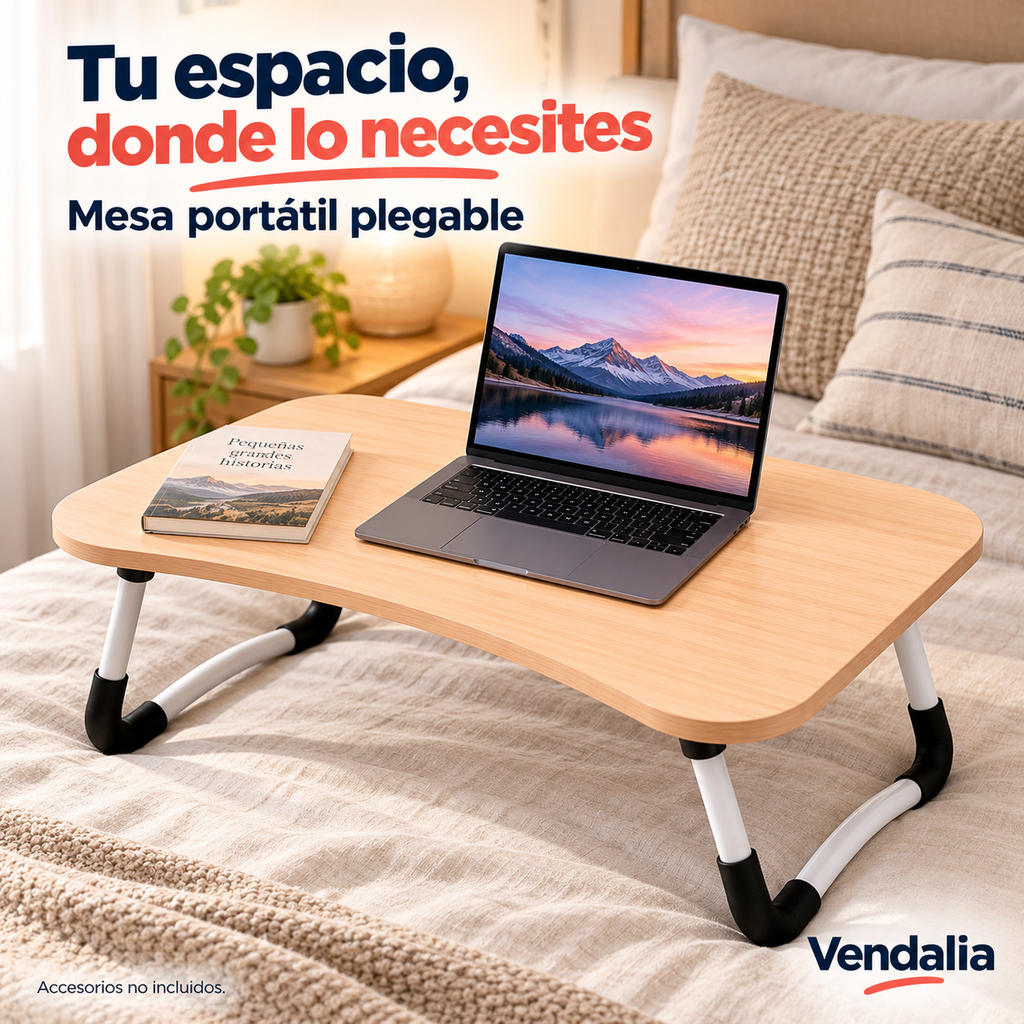 Mesa portátil de madera clara con patas plegables — portada Vendalia