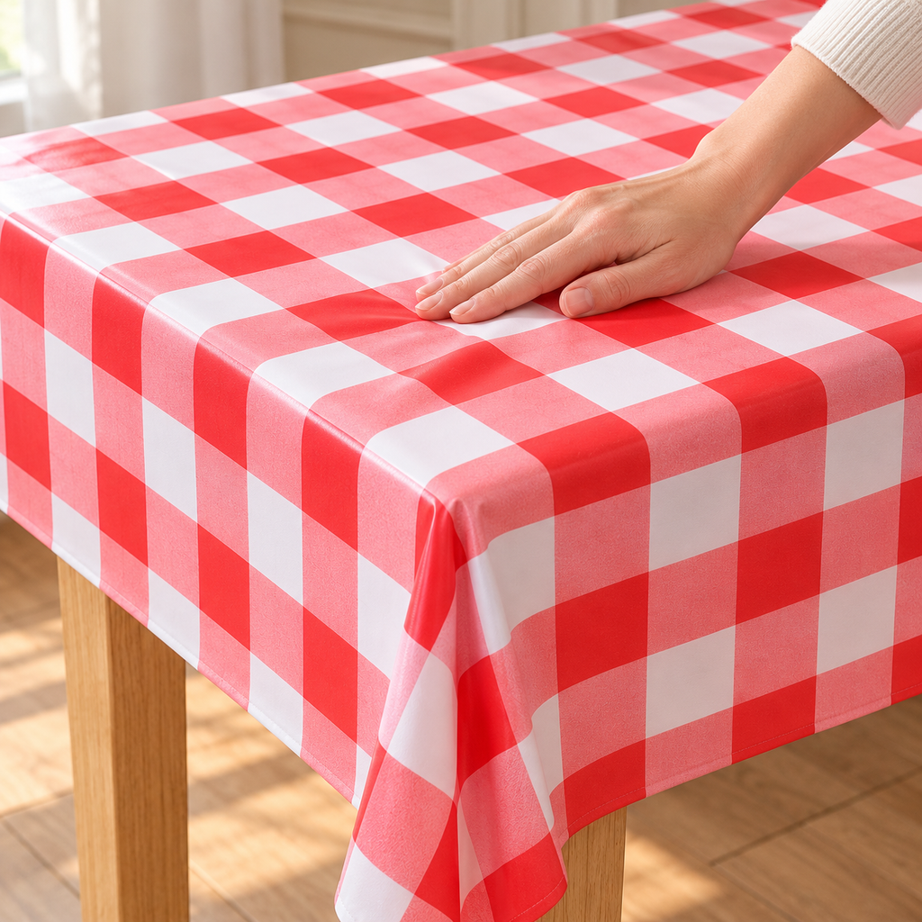 Detalle del mantel rojo y blanco y su caída en la esquina de una mesa pequeña.