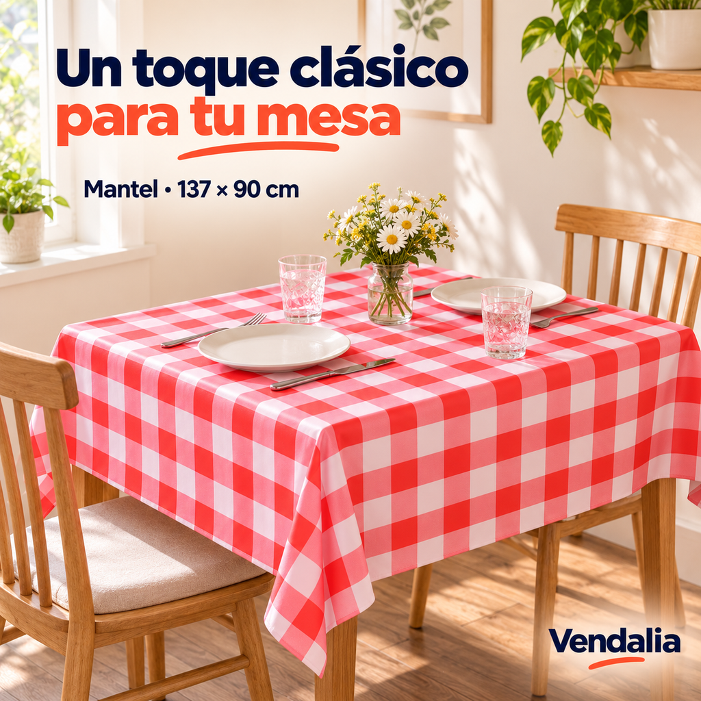 Mantel rectangular de cuadros rojos y blancos de 137 × 90 cm; portada Vendalia. Muebles y vajilla no incluidos.
