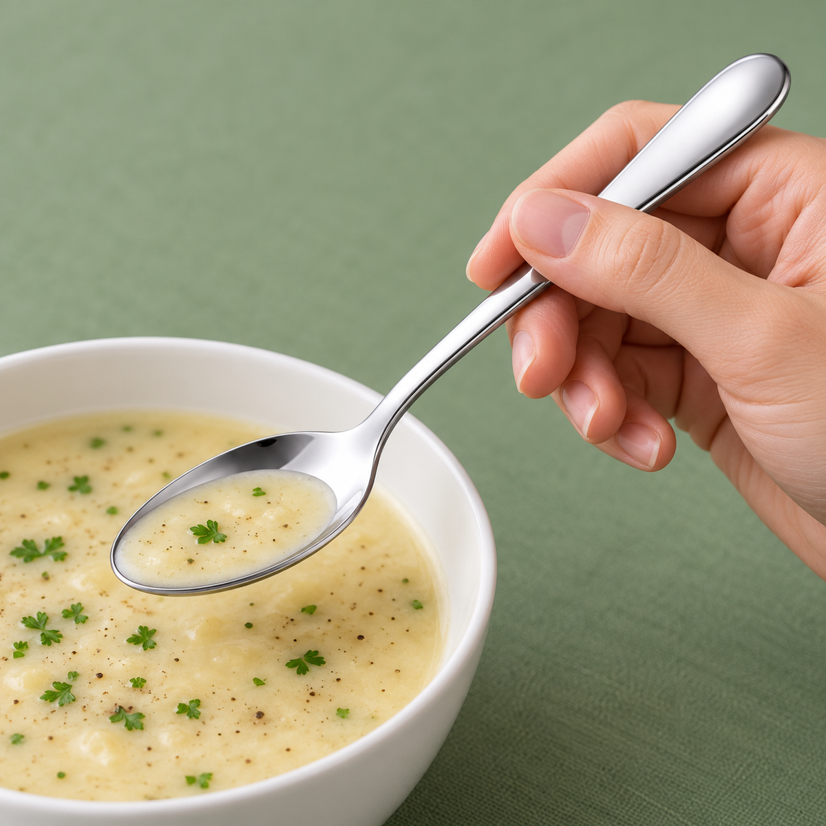 Cuchara de acero inoxidable sostenida junto a un tazón de sopa; tazón y alimento no incluidos.