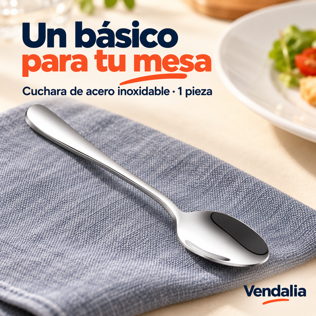 Cuchara de mesa plateada de acero inoxidable; portada Vendalia, venta por pieza.