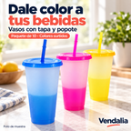 Vasos con tapa y popote — paquete de 10 colores surtidos — portada con muestra de tres vasos