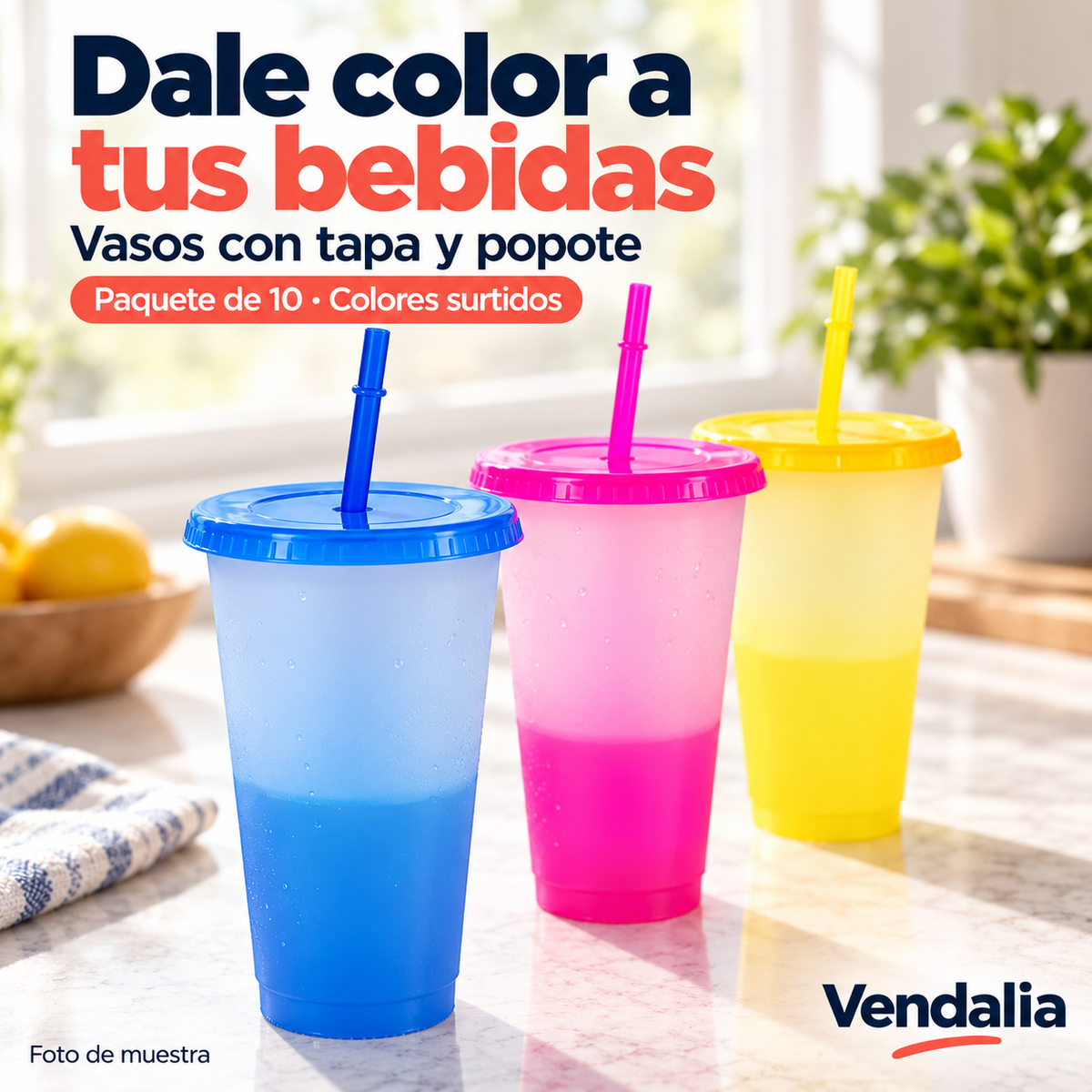 Vasos con tapa y popote — paquete de 10 colores surtidos — portada con muestra de tres vasos