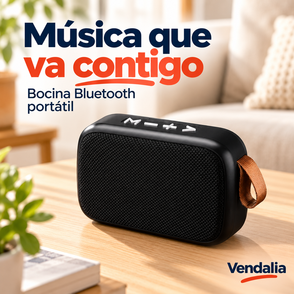 Bocina Bluetooth negra con botones superiores y correa lateral.