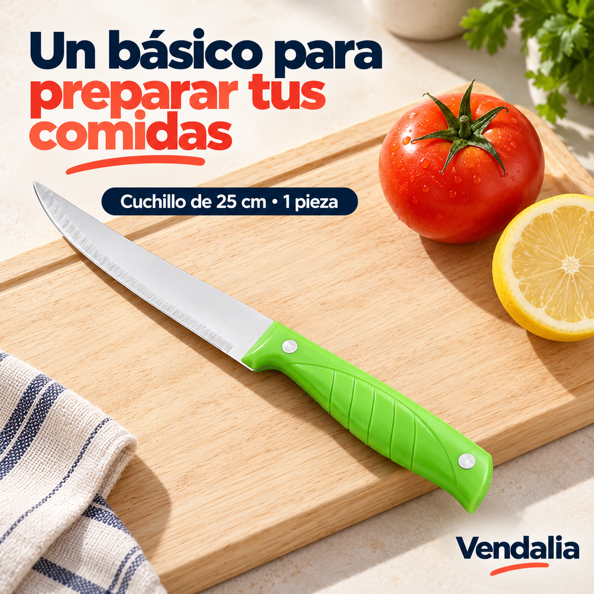 Cuchillo de cocina de 25 cm con mango verde; venta por pieza, portada Vendalia.