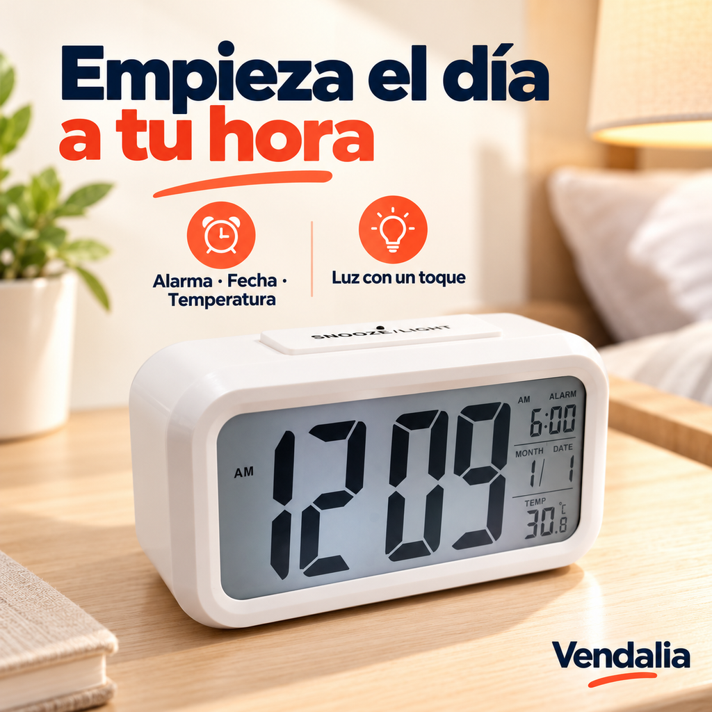 Reloj despertador blanco con pantalla LCD, alarma, fecha y temperatura.