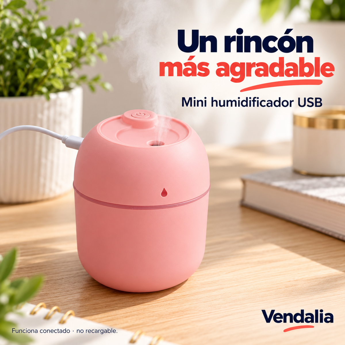 Humidificador mini rosa con alimentación USB — portada Vendalia