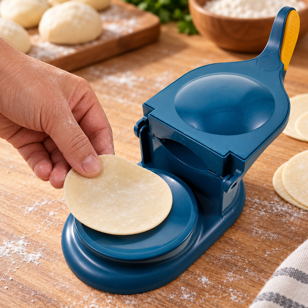 Detalle de la prensa manual azul abierta y su zona circular para colocar la masa; masa y alimentos no incluidos.