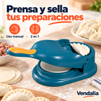 Prensa y sellador azul con detalle amarillo, en una cocina clara; portada Vendalia. La masa no se incluye.